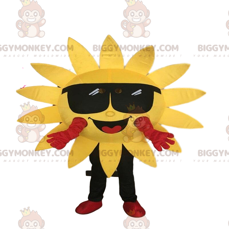 BIGGYMONKEY™ maskottiasu keltainen aurinkoasu lasilla. BIGGYMONKEY™ maskottiasu keltainen aurinkoasu lasilla.
