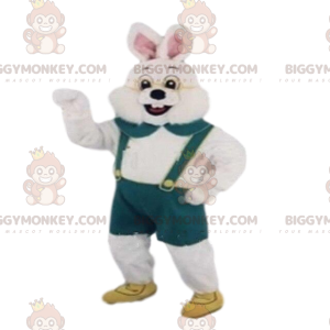 BIGGYMONKEY™ white rabbit mascot costume with green overalls.