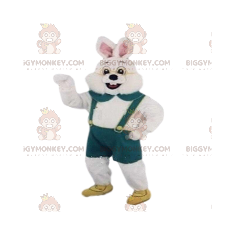 BIGGYMONKEY™ white rabbit mascot costume with green overalls.