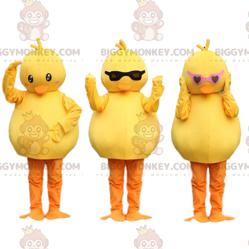3 pollitos mascota de BIGGYMONKEY™, canarios amarillos. disfraz 3 pollitos mascota de BIGGYMONKEY™, canarios amarillos. disfraz