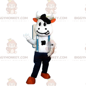 BIGGYMONKEY™ maskotkostume hvid og sort ko kostume med overalls - Ko-maskoter - BIGGYMONKEY_08120 - BiggyMonkey.com