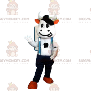 BIGGYMONKEY™ maskotkostume hvid og sort ko kostume med overalls - Ko-maskoter - BIGGYMONKEY_08120 - BiggyMonkey.com