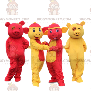 4 BIGGYMONKEY™s mascot yellow and red pigs. 4 colorful pigs