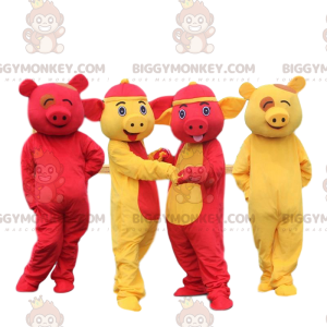 4 BIGGYMONKEY™s maskot gule og røde griser. 4 fargerike griser Asia - Grisemaskotter - BIGGYMONKEY_08127 - BiggyMonkey.com