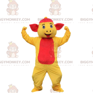 BIGGYMONKEY™ pig mascot costume yellow and red pig costume. pig