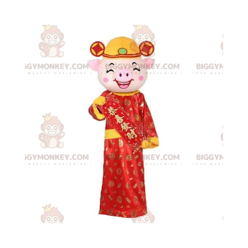Aasian possu BIGGYMONKEY™ maskottiasu, aasialainen puku, punaisen possun muotimekko - Sikojen maskotit - BiggyMonkey.com