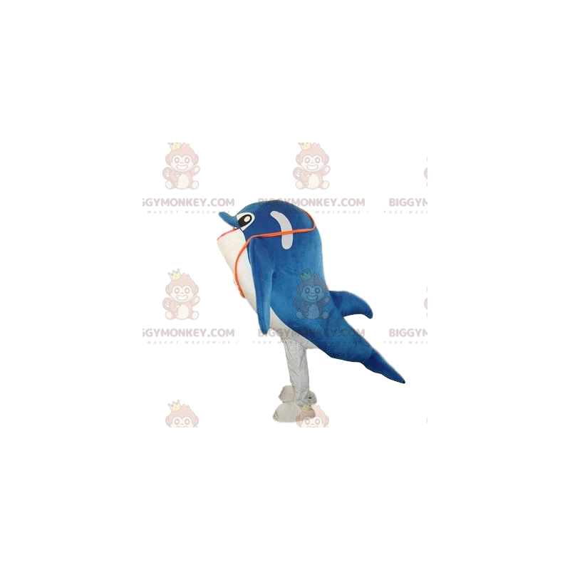Traje de mascote de golfinho azul e branco BIGGYMONKEY™ Traje de mascote de golfinho azul e branco BIGGYMONKEY™