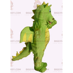 BIGGYMONKEY™ maskotdräkt grön och gul drake, dinosauriekostym -