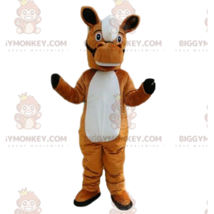 Traje de mascote BIGGYMONKEY™ de cavalo marrom e branco, traje