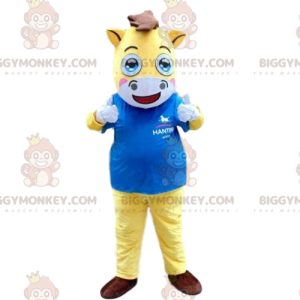 Traje de mascote BIGGYMONKEY™ de cavalo amarelo e branco, traje