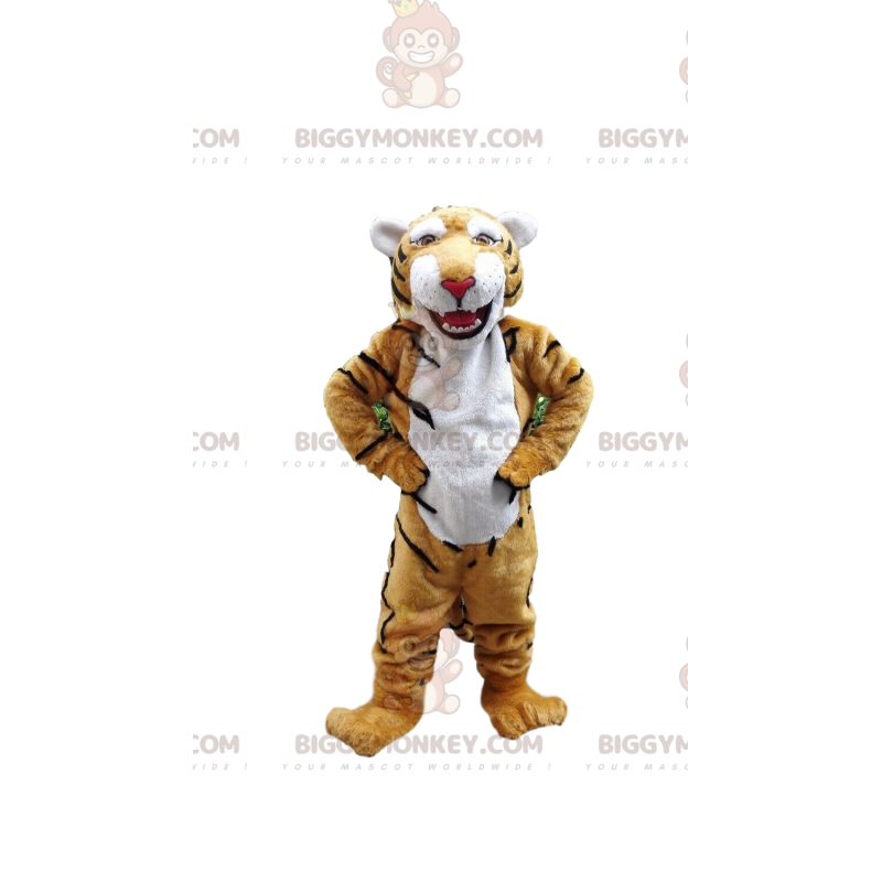 Traje de mascote BIGGYMONKEY™ de tigre amarelo e branco, traje Traje de mascote BIGGYMONKEY™ de tigre amarelo e branco, traje