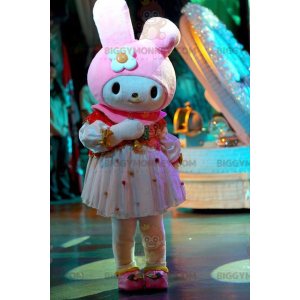 Costume de mascotte BIGGYMONKEY™ de lapin blanc et rose très