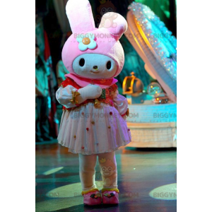 Costume mascotte BIGGYMONKEY™ coniglio bianco e rosa molto