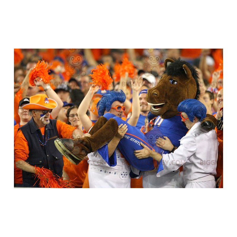 BIGGYMONKEY™ mascottekostuum van bruin paard in blauwe outfit -
