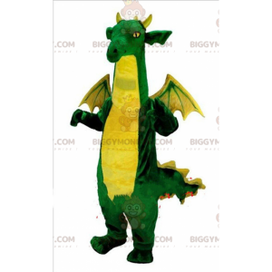 BIGGYMONKEY™ maskotdräkt grön och gul drake, dinosauriekostym -