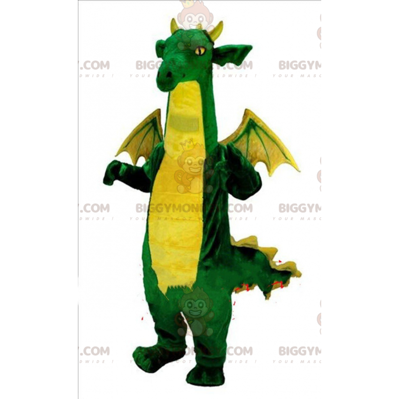 BIGGYMONKEY™ maskotdräkt grön och gul drake, dinosauriekostym - BIGGYMONKEY™ maskotdräkt grön och gul drake, dinosauriekostym -