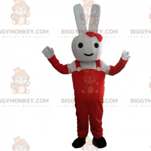 Στολή μασκότ White Rabbit BIGGYMONKEY™ ντυμένη με κόκκινο, κουστούμι λαγουδάκι - Μασκότ κουνελιού - BiggyMonkey.com