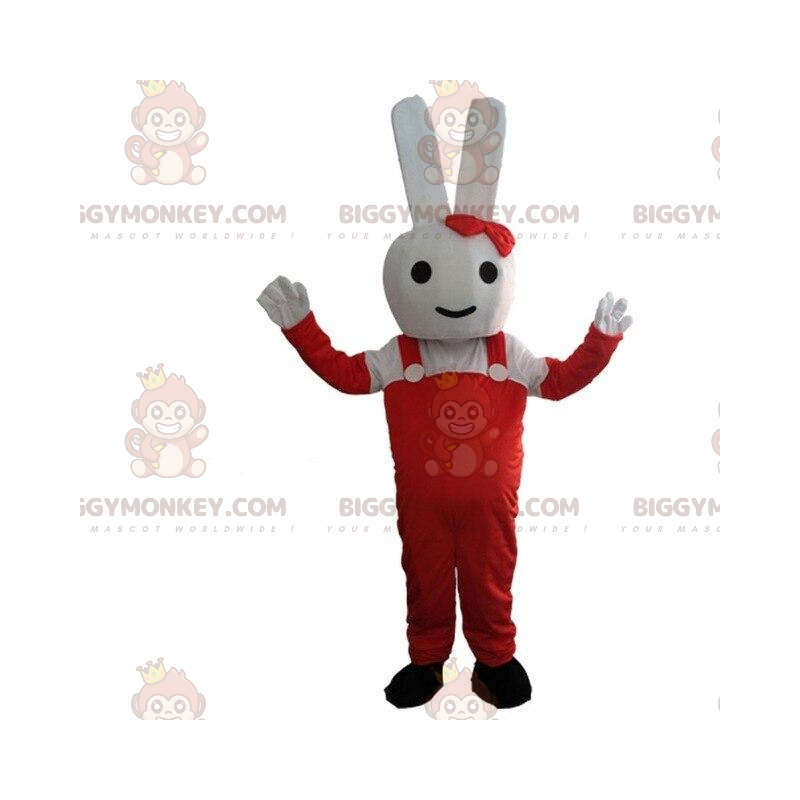 Στολή μασκότ White Rabbit BIGGYMONKEY™ ντυμένη με κόκκινο, κουστούμι λαγουδάκι - Μασκότ κουνελιού - BiggyMonkey.com