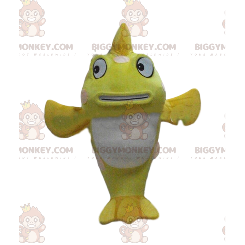 Jättiläinen keltavalkoinen kala BIGGYMONKEY™ maskottiasu Jättiläinen keltavalkoinen kala BIGGYMONKEY™ maskottiasu