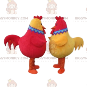 2 BIGGYMONKEY™s maskot røde og gule høns, 2 farvede kyllinger - Hens maskot - haner - høns - BIGGYMONKEY_08515 - BiggyMonkey.com