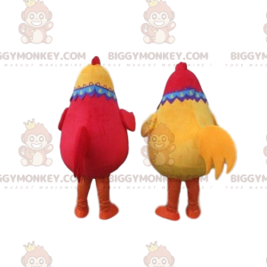 2 BIGGYMONKEY™s maskot røde og gule høns, 2 farvede kyllinger - Hens maskot - haner - høns - BIGGYMONKEY_08515 - BiggyMonkey.com
