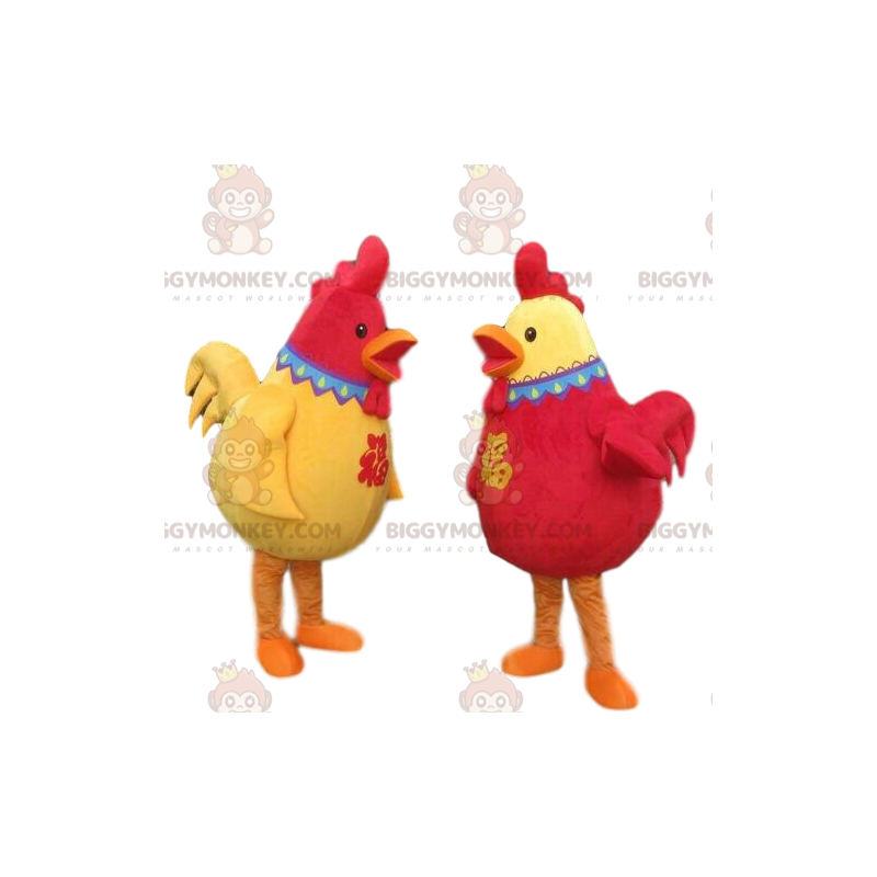2 BIGGYMONKEY™s røde og gule hanemaskoter, 2 fargerike kyllinger - Høns-maskot - Haner - Høner - BiggyMonkey.com