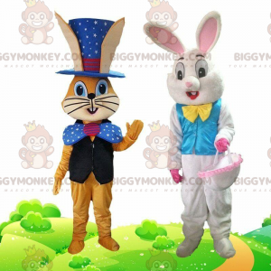 2 coelhos mascote do BIGGYMONKEY™ vestidos com roupas festivas