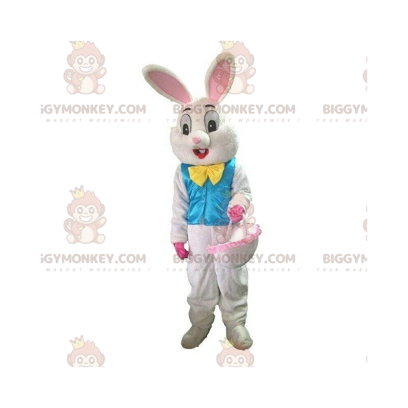 Traje de mascote BIGGYMONKEY™ de coelho branco com colete azul Traje de mascote BIGGYMONKEY™ de coelho branco com colete azul