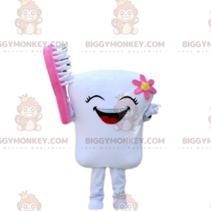 Laughing tooth BIGGYMONKEY™ mascot costume with a toothbrush