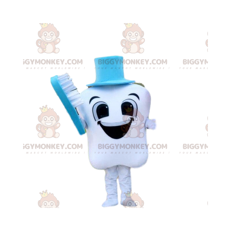 Smilende tand BIGGYMONKEY™ maskotkostume med blå tandbørste - Smilende tand BIGGYMONKEY™ maskotkostume med blå tandbørste -