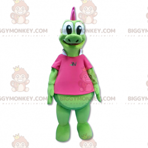 Kostým růžový chocholatý zelený drak BIGGYMONKEY™ maskot –