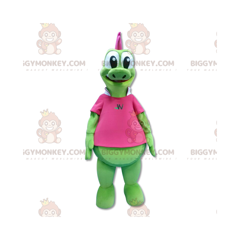 Kostým růžový chocholatý zelený drak BIGGYMONKEY™ maskot –