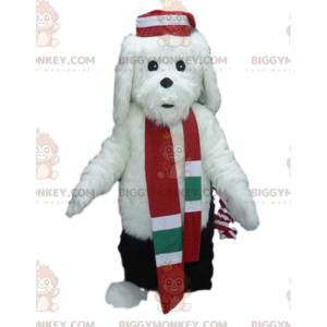 BIGGYMONKEY™ mascottekostuum van witte hond in winteroutfit