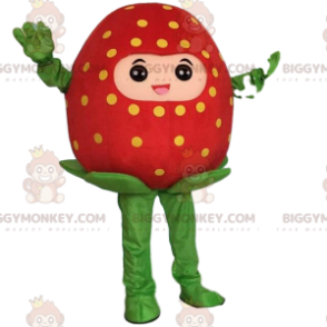 Κοστούμι μασκότ Red Strawberry BIGGYMONKEY™, Στολή με γιγάντια φράουλα, κόκκινο φρούτο - Μασκότ φρούτων - BiggyMonkey.com
