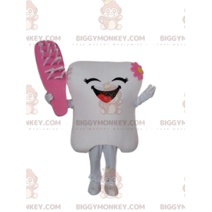 White tooth BIGGYMONKEY™ maskotdräkt med rosa borste, tanddräkt