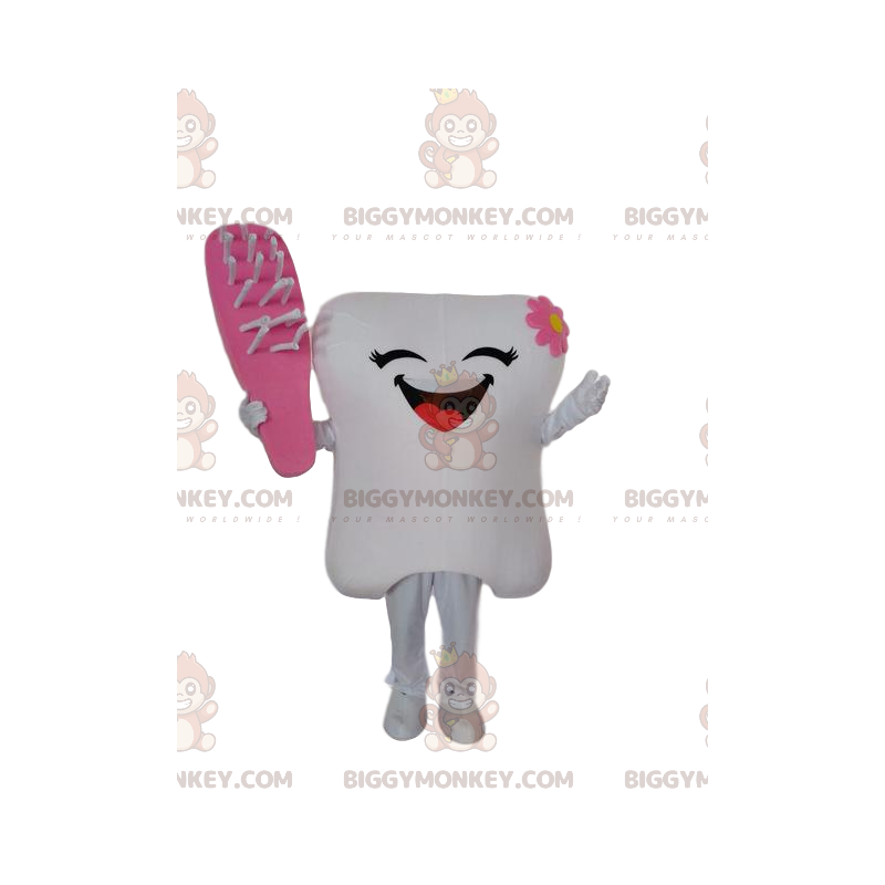 White tooth BIGGYMONKEY™ mascot costume with pink brush, tooth White tooth BIGGYMONKEY™ mascot costume with pink brush, tooth