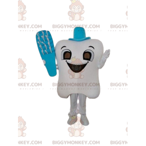 White tooth BIGGYMONKEY™ mascot costume with a toothbrush