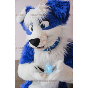 Κοστούμι μασκότ με μπλε και άσπρο σκύλο BIGGYMONKEY™ -