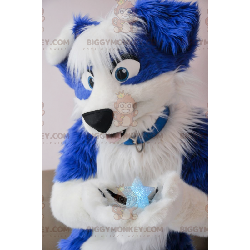 Costume mascotte BIGGYMONKEY™ cane blu e bianco - Costume mascotte BIGGYMONKEY™ cane blu e bianco -