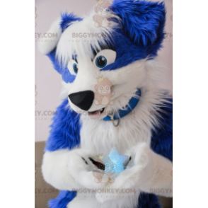 Fantasia de mascote de cachorro azul e branco BIGGYMONKEY™ –