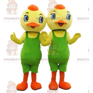 2 maskot kuřátka BIGGYMONKEY™, žlutí ptáci se zeleným trikotem