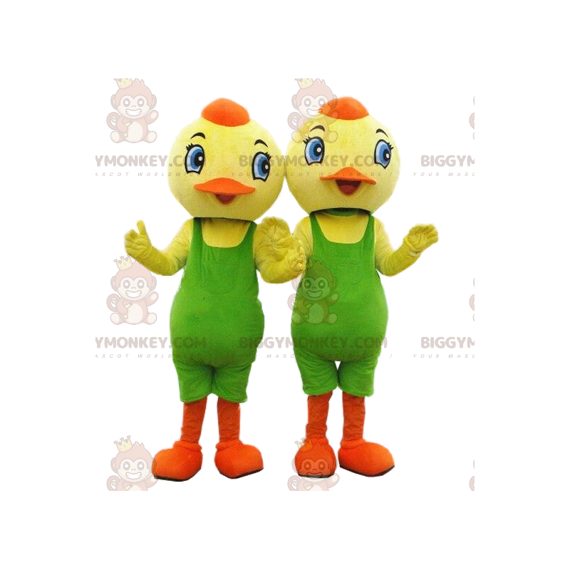 2 BIGGYMONKEY™s kyllingmaskot, gule fugler med grønn trikot - Fuglemaskot - BIGGYMONKEY_08674 - BiggyMonkey.com