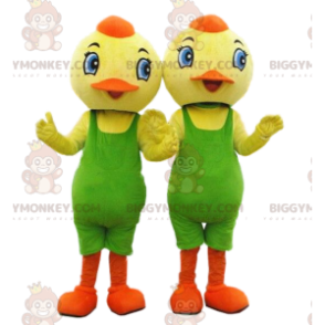 2 BIGGYMONKEY™s kyllingmaskot, gule fugler med grønn trikot - Fuglemaskot - BIGGYMONKEY_08674 - BiggyMonkey.com