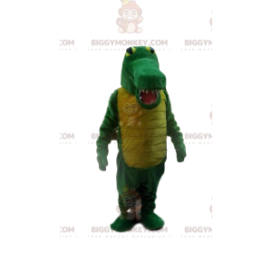 Grön och gul krokodil BIGGYMONKEY™ maskotdräkt, alligatordräkt