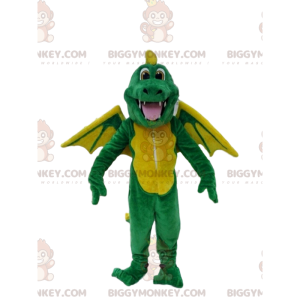 BIGGYMONKEY™ mascot costume green and yellow dragon, dinosaur