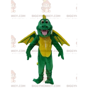 BIGGYMONKEY™ mascot costume green and yellow dragon, dinosaur