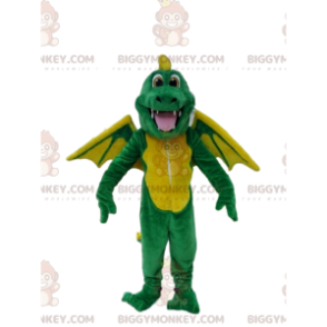 Traje de mascote BIGGYMONKEY™ dragão verde e amarelo, traje de