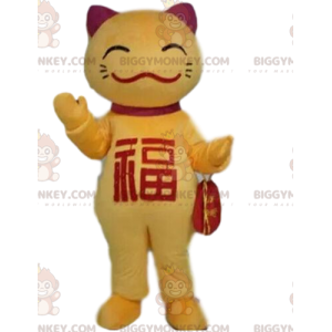 Traje de mascote BIGGYMONKEY™ de gato amarelo e vermelho, traje
