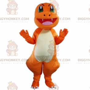 Dragon BIGGYMONKEY™ maskottiasu, dinosaurusasu, oranssi fancy mekko - Lohikäärmeen maskotti - BiggyMonkey.com