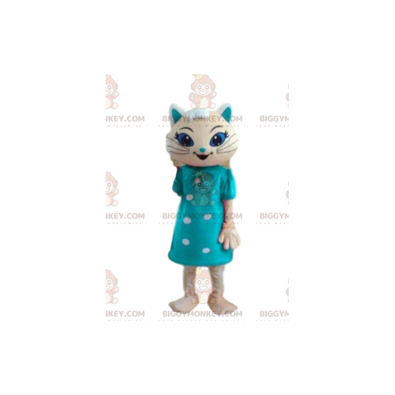 Disfraz de mascota BIGGYMONKEY™ gato blanco con vestido azul Disfraz de mascota BIGGYMONKEY™ gato blanco con vestido azul